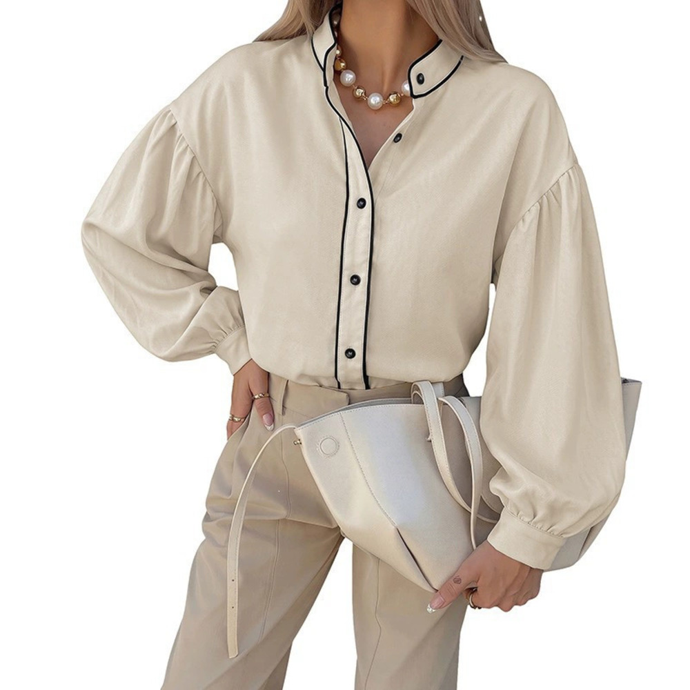 Womens Fall Winter Casual Oversized Stand Collar Button Trim Long Sleeve Shirt